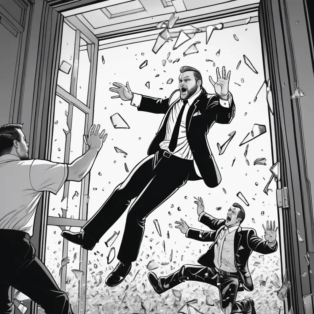 black and white, coloring book outline, a bouncer in a white t shirt is throwing another man in a suit through the window. There is a lot of broken glass everywhere.