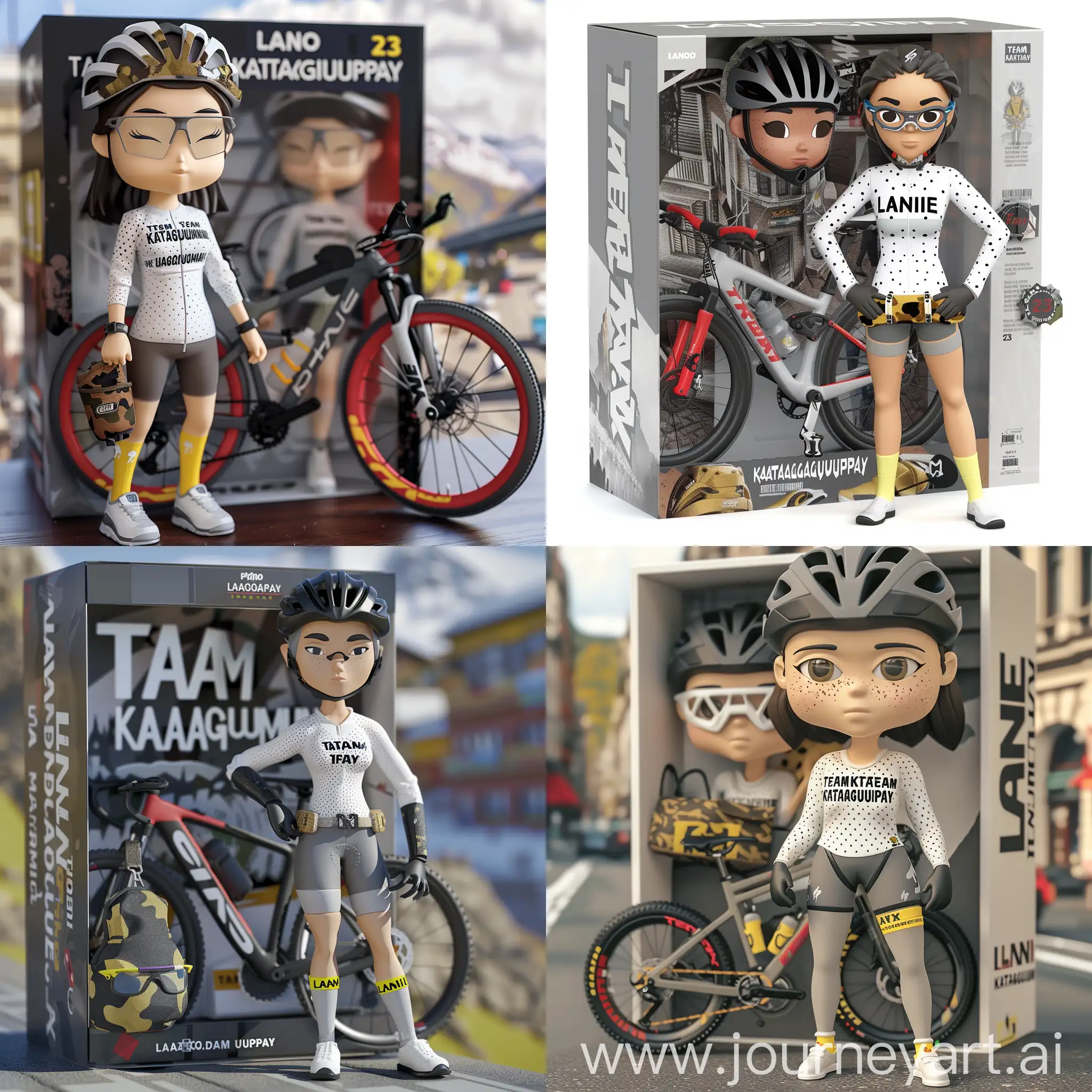 Funko figure of a a lady cyclist on a city background, female, called Lanie, The Funko is wearing  white long sleeve dotted design shirt with "TEAM KATAGUMPAY" printed, gray shorts, black gloves, black helmet, white shoes, yellow socks, camoflauge belt bag, no hair, and has a black and red hardtail mountain bike. The Funko is leaning in front of a gray and black hardtail mountain bike, holding a cycling glasses. The Funko is displayed inside a Funko box with Lanie text and Lanie logo, 23 sticker for the box, allowing visibility of the figure, typography, 3D render