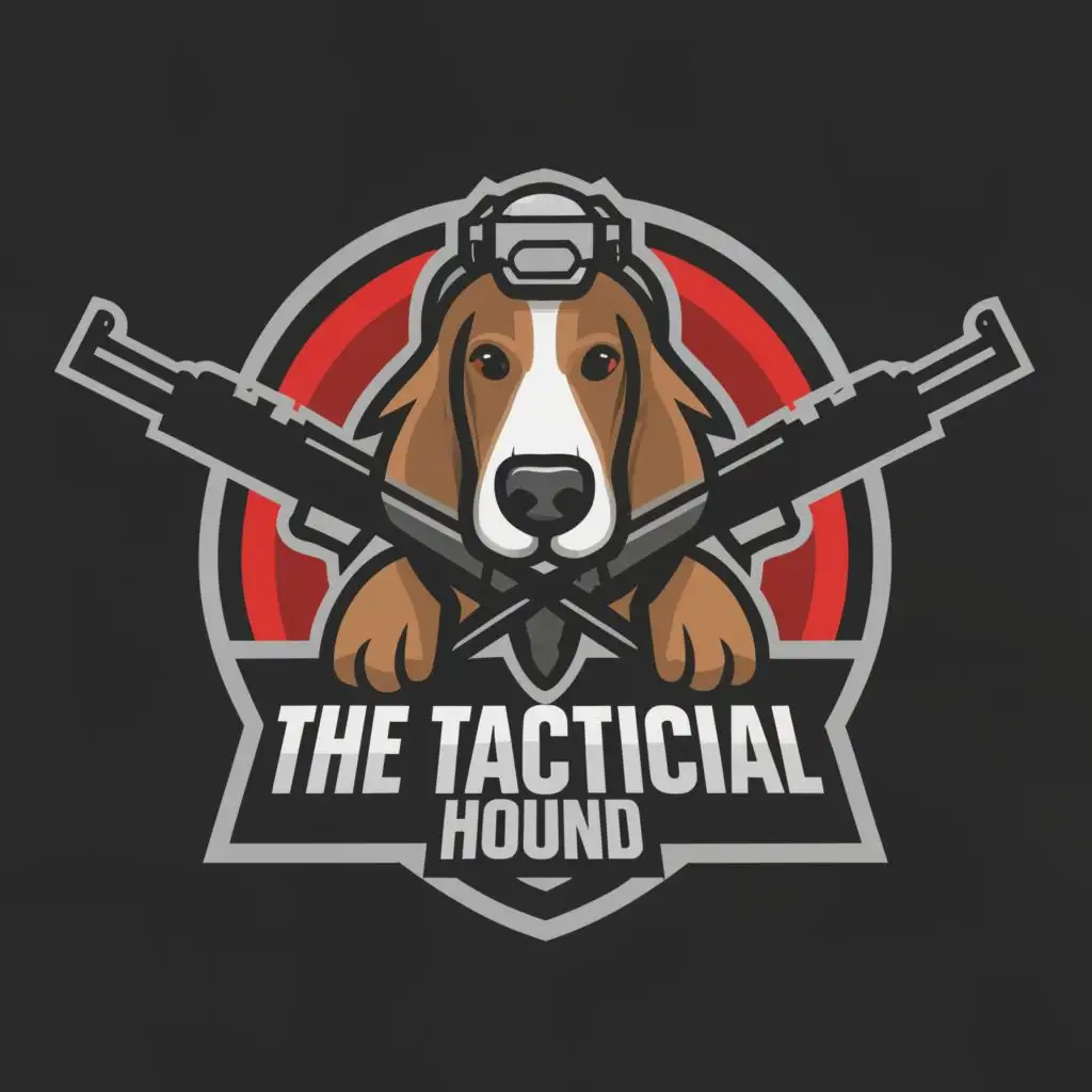 a logo design,with the text "The Tactical Hound", main symbol:basset hound rifle tactical,Moderate,clear background