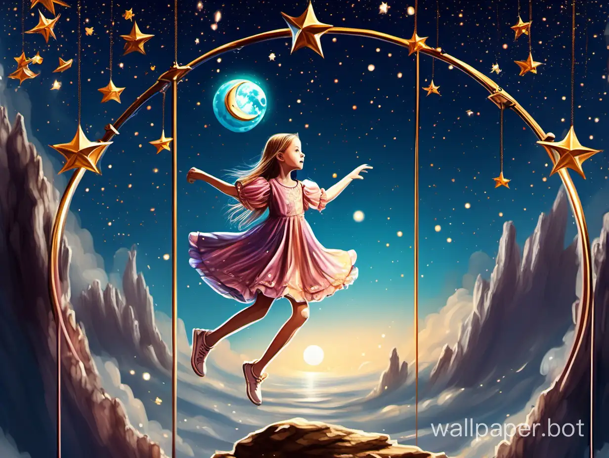 genius merry girl 12 years old in full height in a very short tunic stands on a cliff spinning stars and the moon into a carousel opening the way to another world