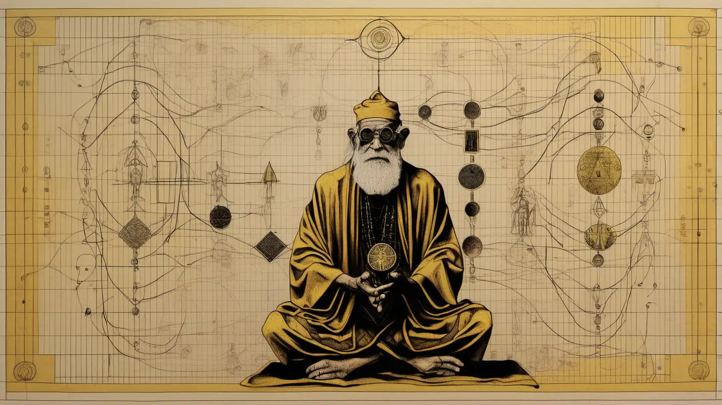 Diagrammatic Drawing, Hermetic Principles, Matrix, old wise man meditating, gold and black