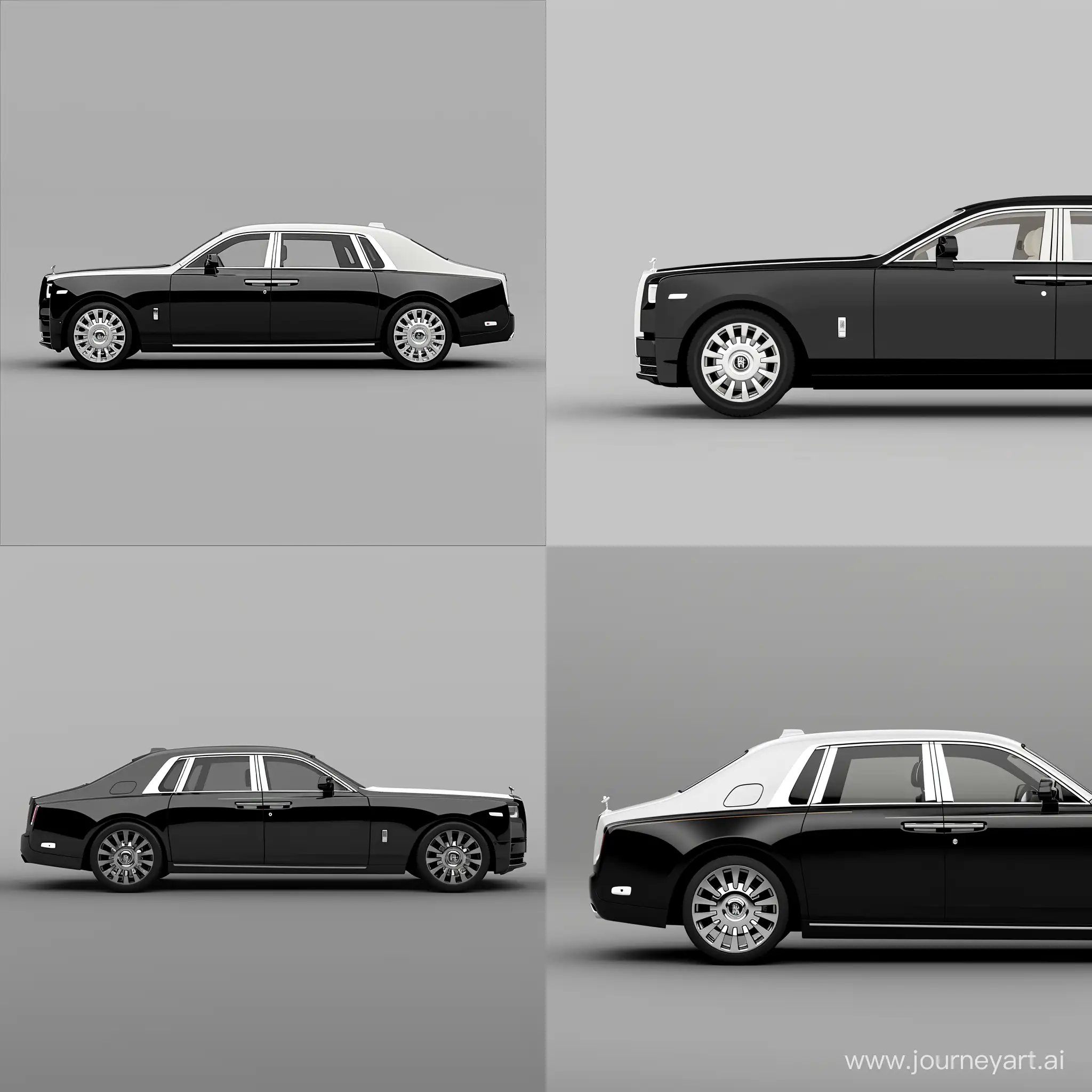 Minimalism 3D Illustration Car of Side View, RollsRoyce Phantom: Black Body Color & White Body Details, Simple Gray Background, Adobe Illustrator Software, High Precision