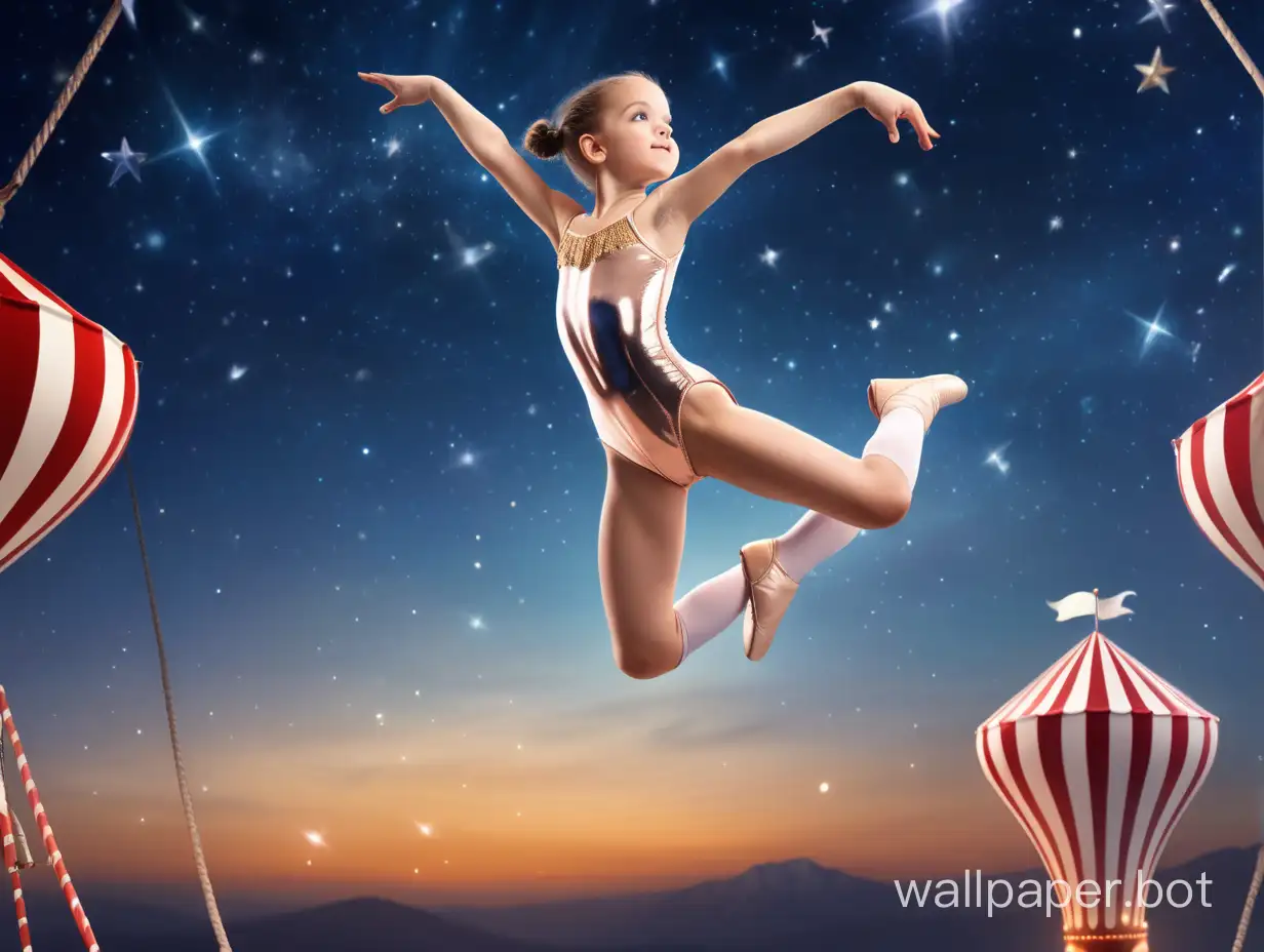11-year-old girl in a shiny circus leotard, jumping into the sky is not easy, the stars are very far away, Mary fly into the sky, goodbye goodbye, I'm flying, hello, goodbye