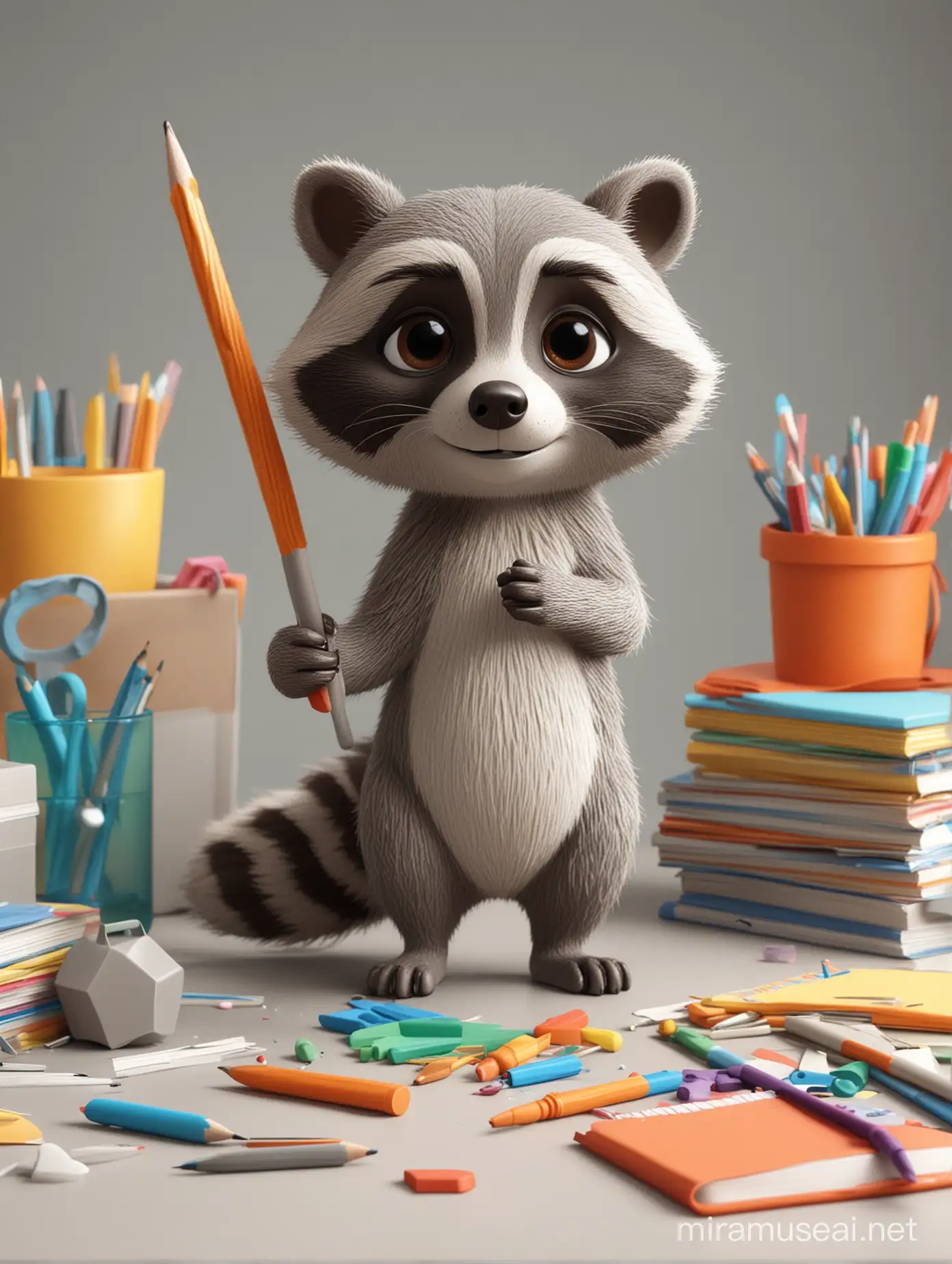 3D gray racoon, lot of big school supplies in the background, extremely simple and plain shapes, clay cartoon style, saturated colors, high resolution