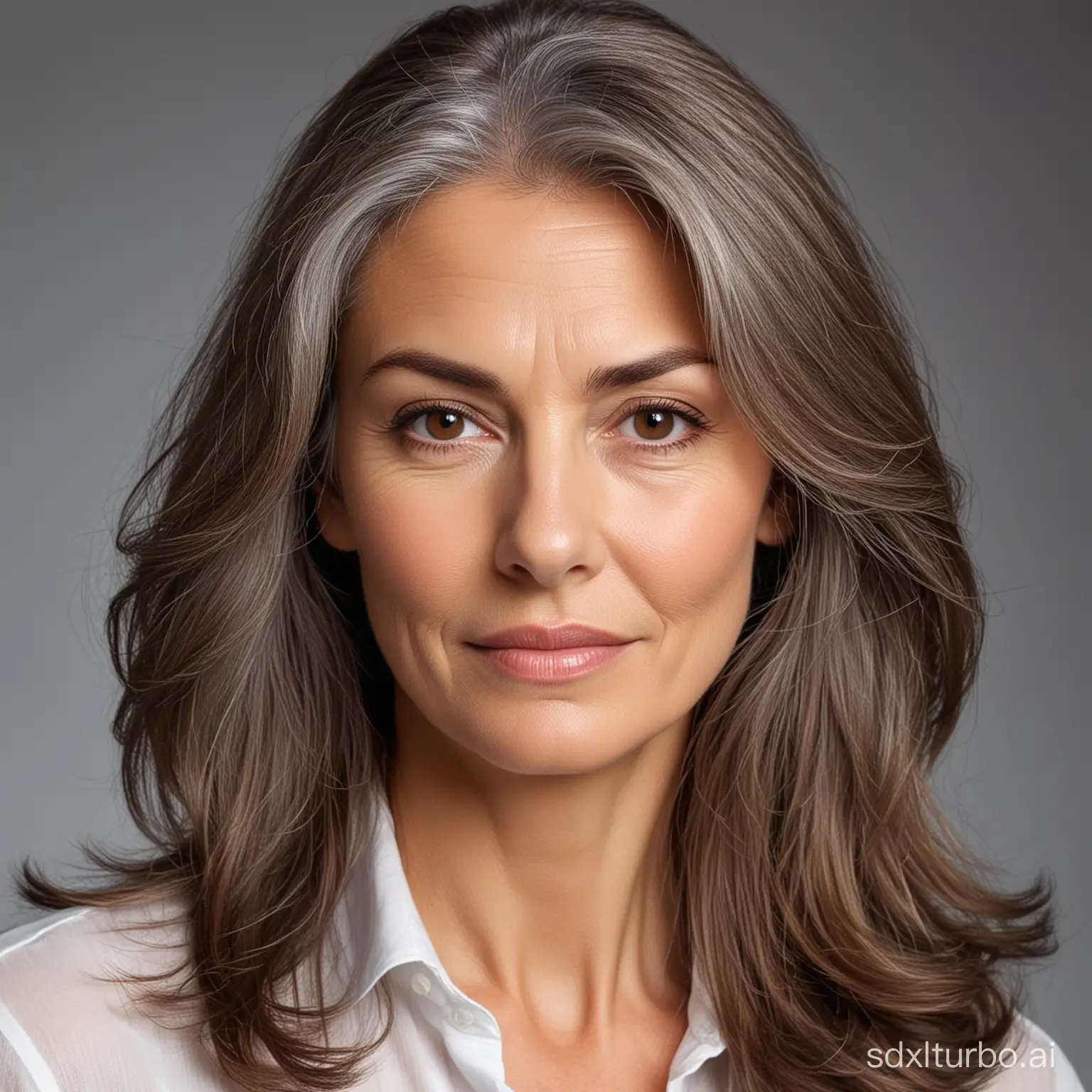 Create an image of a woman with long, brown hair, slim, with a good appearance, with a lot of gray hair, 1.70 meters tall, who seems to have been a model, with dark hazel eyes, with wrinkles around the eyes, about 65 years old, and does not appear to have had surgery, of American nationality, resembling Andi MacDowell.