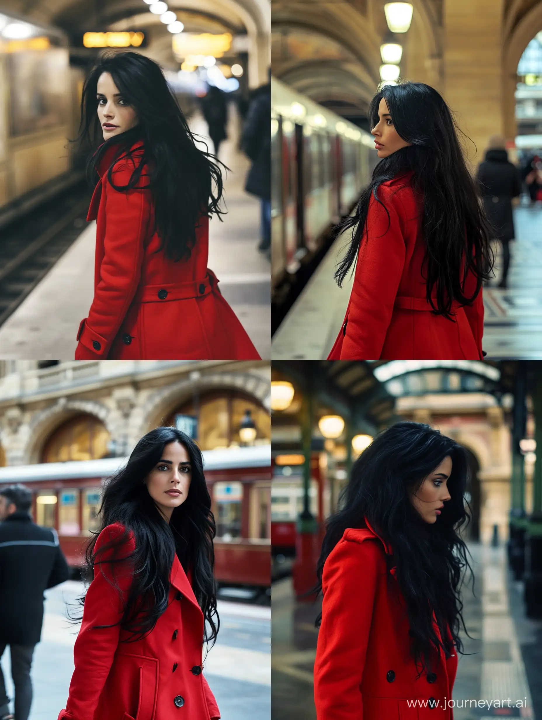a woman with long black hair, wearing a red coat, walks through a train station in Paris, actress Penelope Cruz