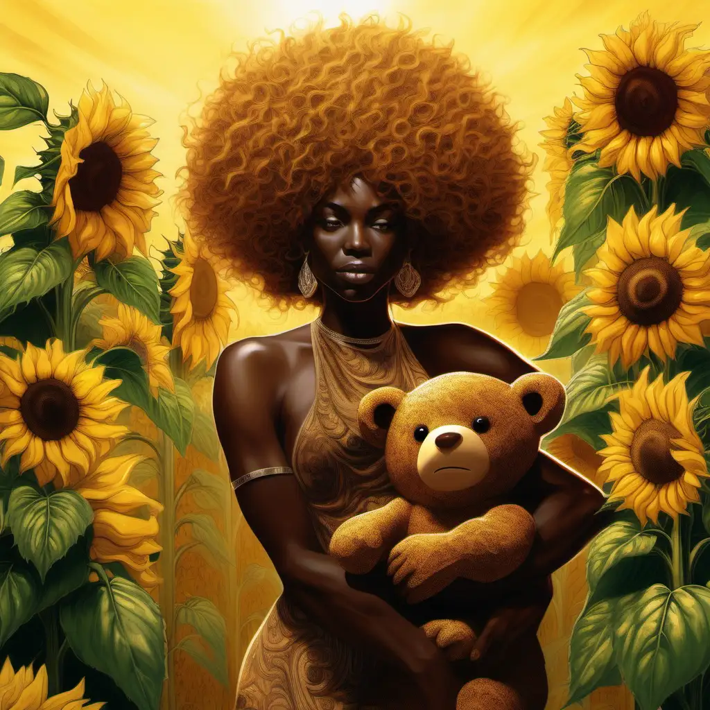 Radiant Mother Nature and Teddy Bear Man Amidst Sunflower Fields