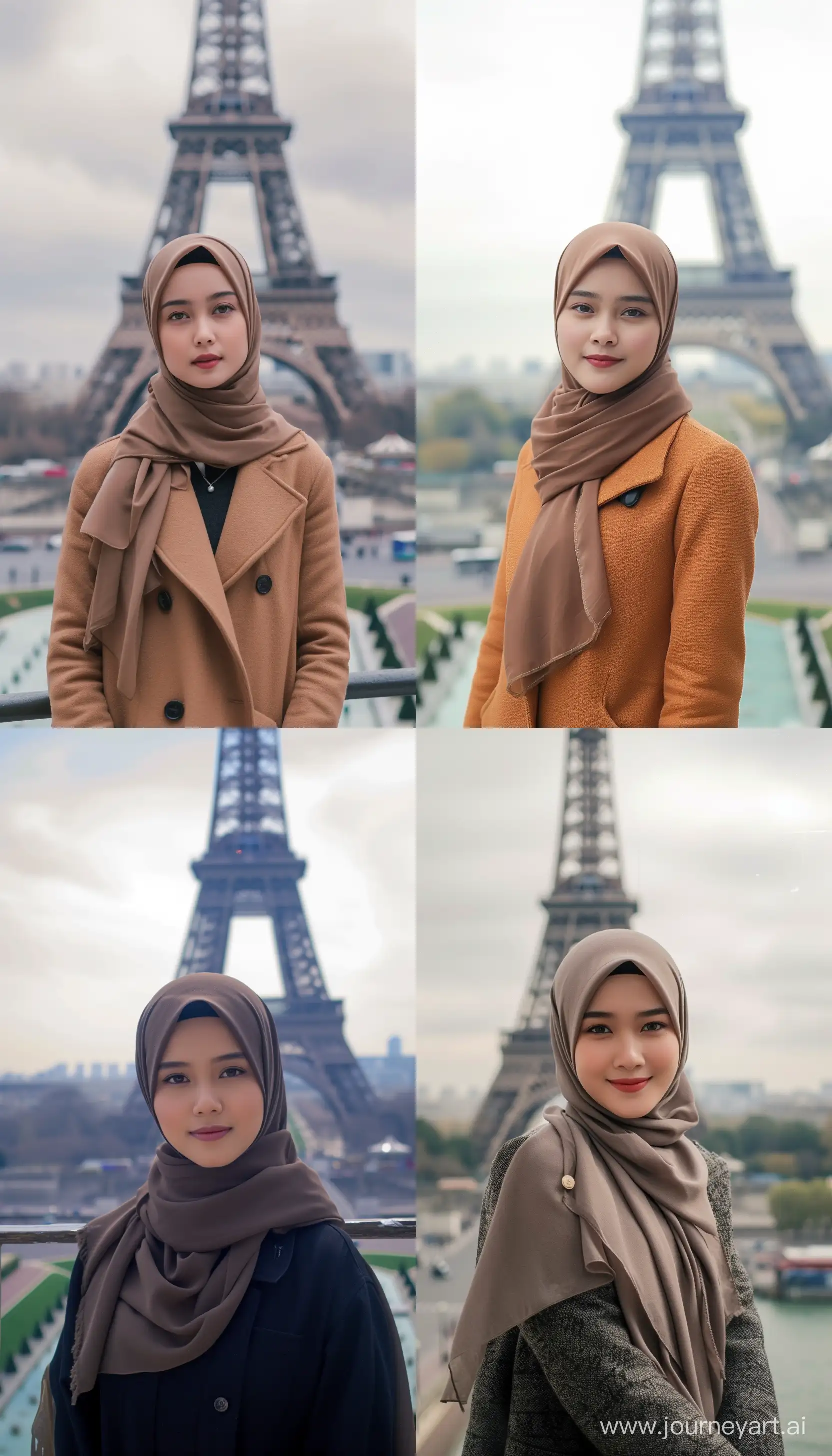 Stunning beautiful 20 years old  young Indonesian lady wearing hijab standing against Eiffle Tower, Eiffle Tower Paris background, high quality photography, full shot --ar 4:7 --v 6