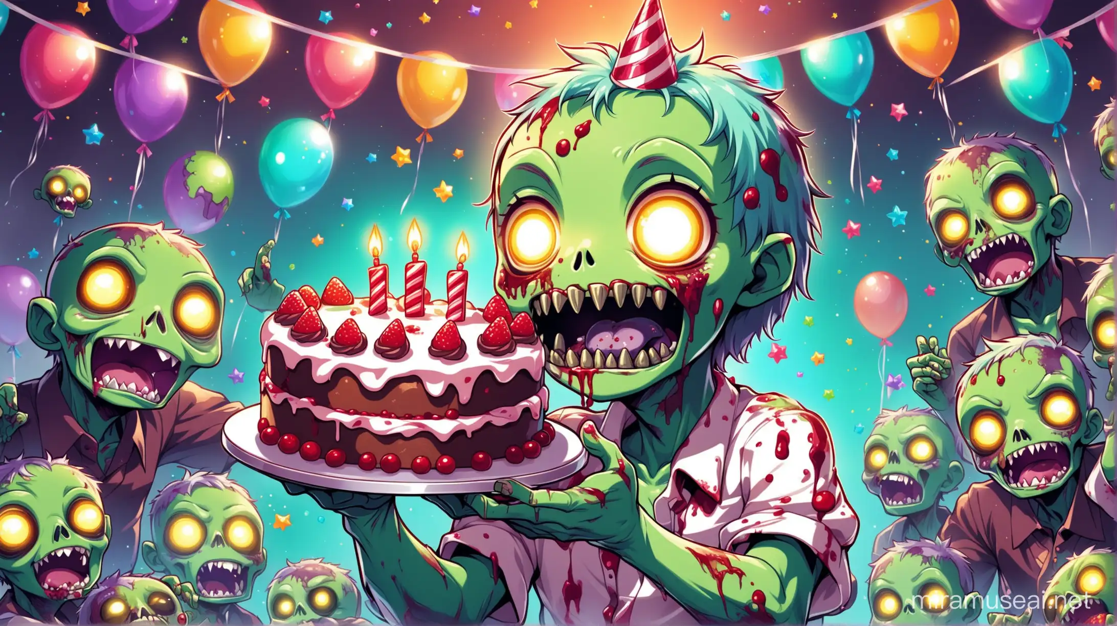 cute happy zombie with birthday cake in his hands