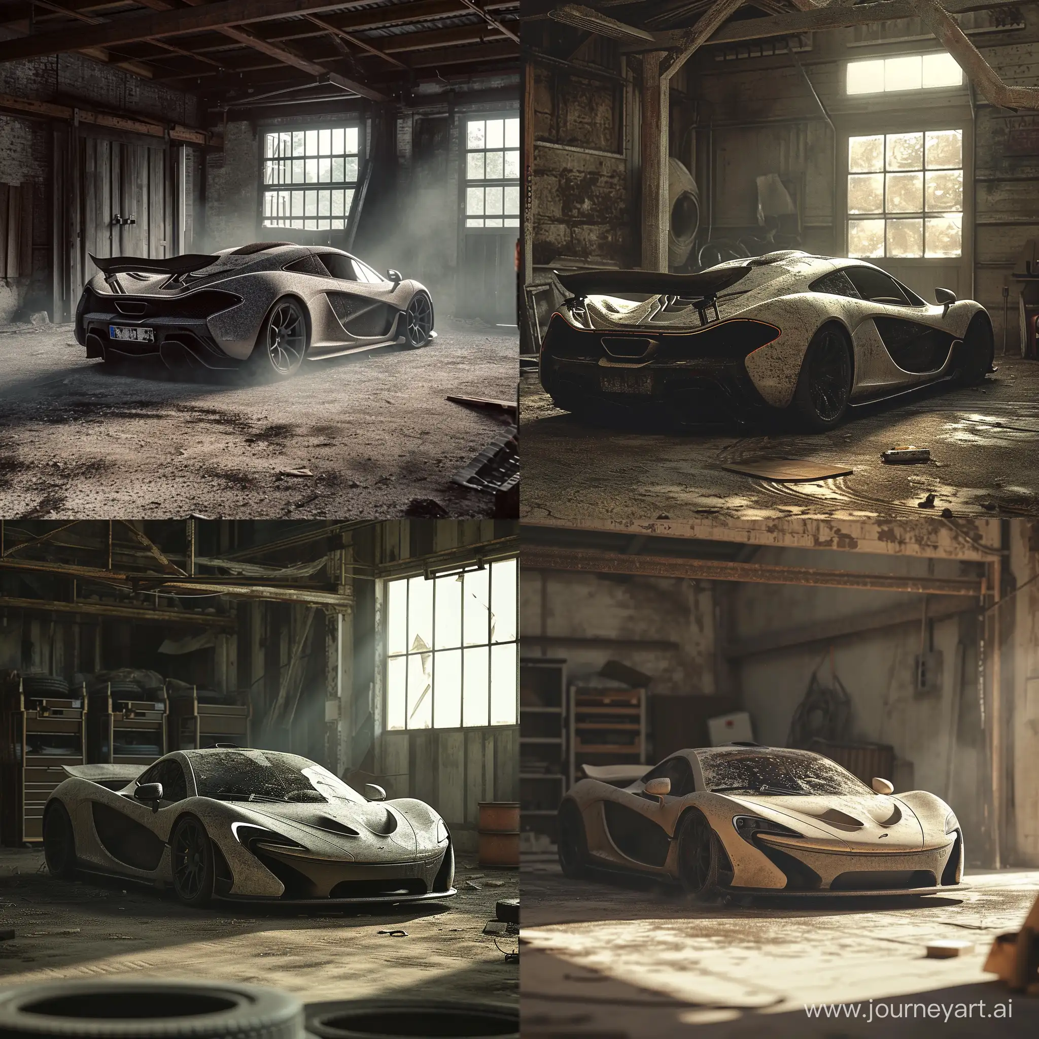A dusty Mclaren p1 in an old abandonded garage. Highly realisitc, extreme photorealisitc, photographic. 