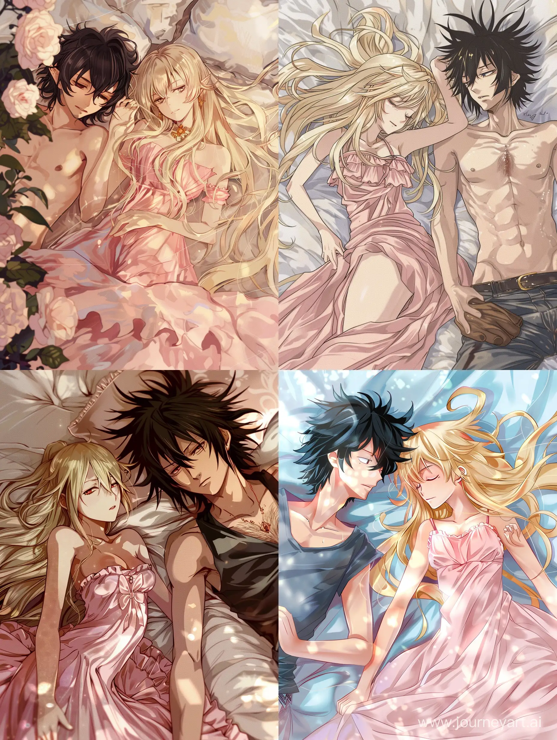 fantasy, romance a girl with blond long hair and a pink dress lies on the bed and next to a man with black hair