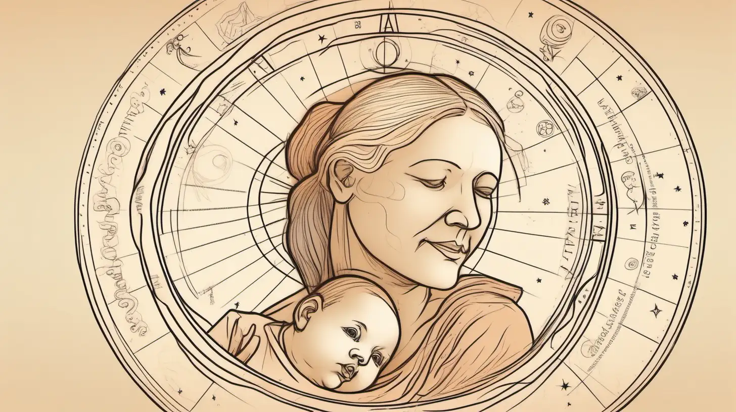 Draw An astrological wheel with mother and baby loose faces . Loose lines. Muted color, add a label write on text