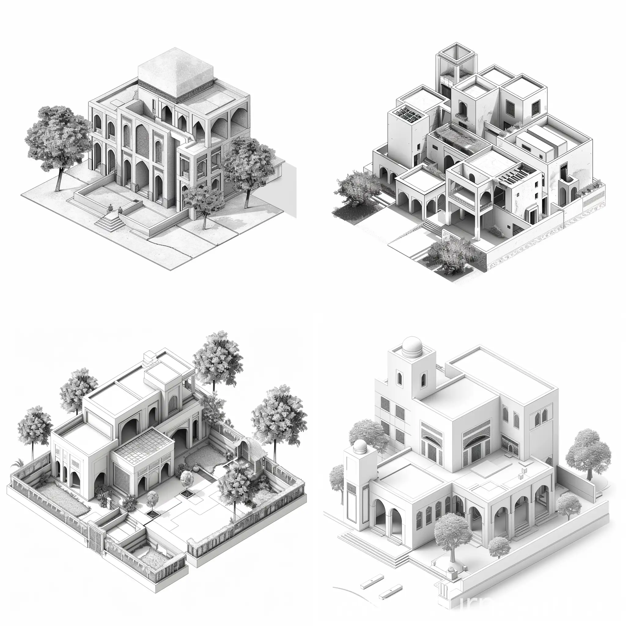 Meeting the future of residential architecture with regard to historical architecture ، Persian architecture ، 2d illustration ، isometric ، poster design ، monochrome ، graphic rendering T white background