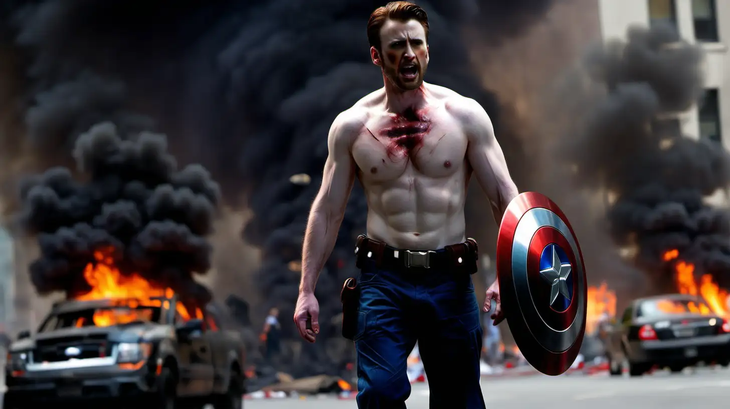 Chris Evans Captain America shirtless shield battling injured streets on fire