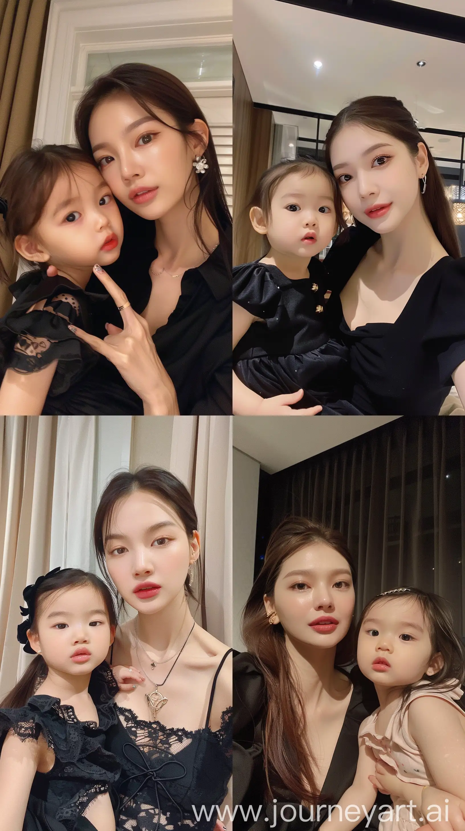 blackpink's jennie selfie with 2 years old  girl, facial feature look a like blackpink's jennie, aestethic selfie, wearing black drezs, night times, aestethic make up,hotly elegant young mom --ar 9:16 