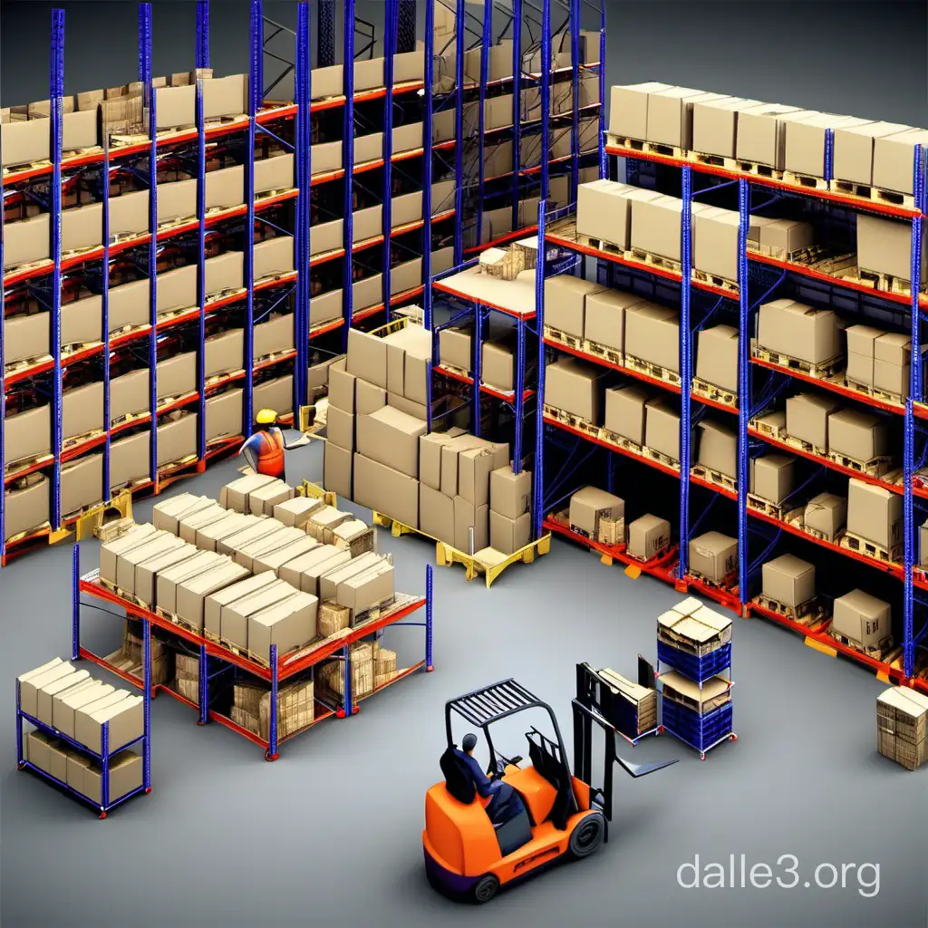 Generate a rendering of a three-dimensional warehouse management, which requires shelves, workers holding PDAs, and forklifts