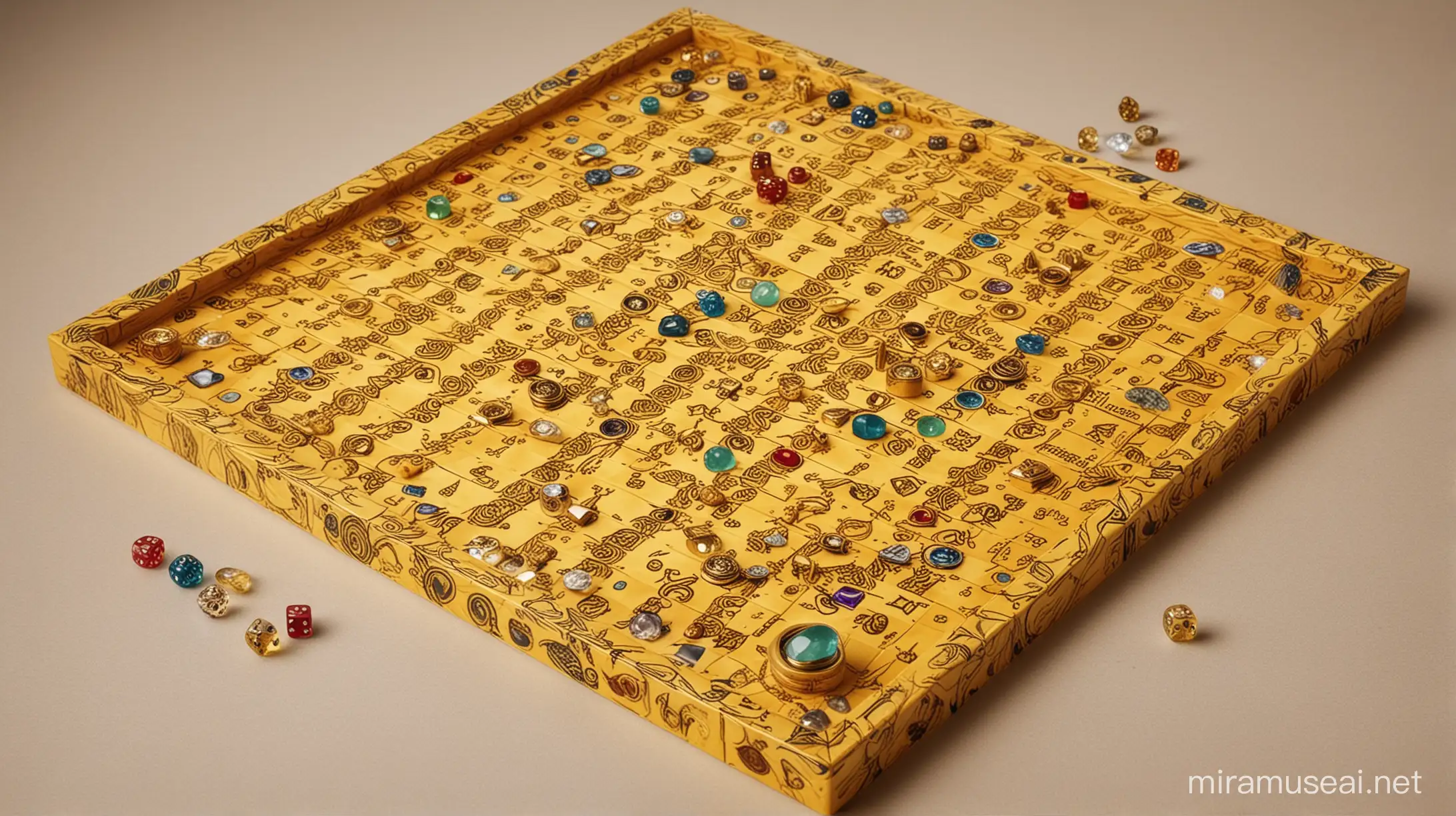 a mystical snake and ladder board game. where ladders are made of gold and snakes are made of diamonds and the dices are made of both diamonds and gold and a big gemstone is place in the centre of the board game in yellow colour