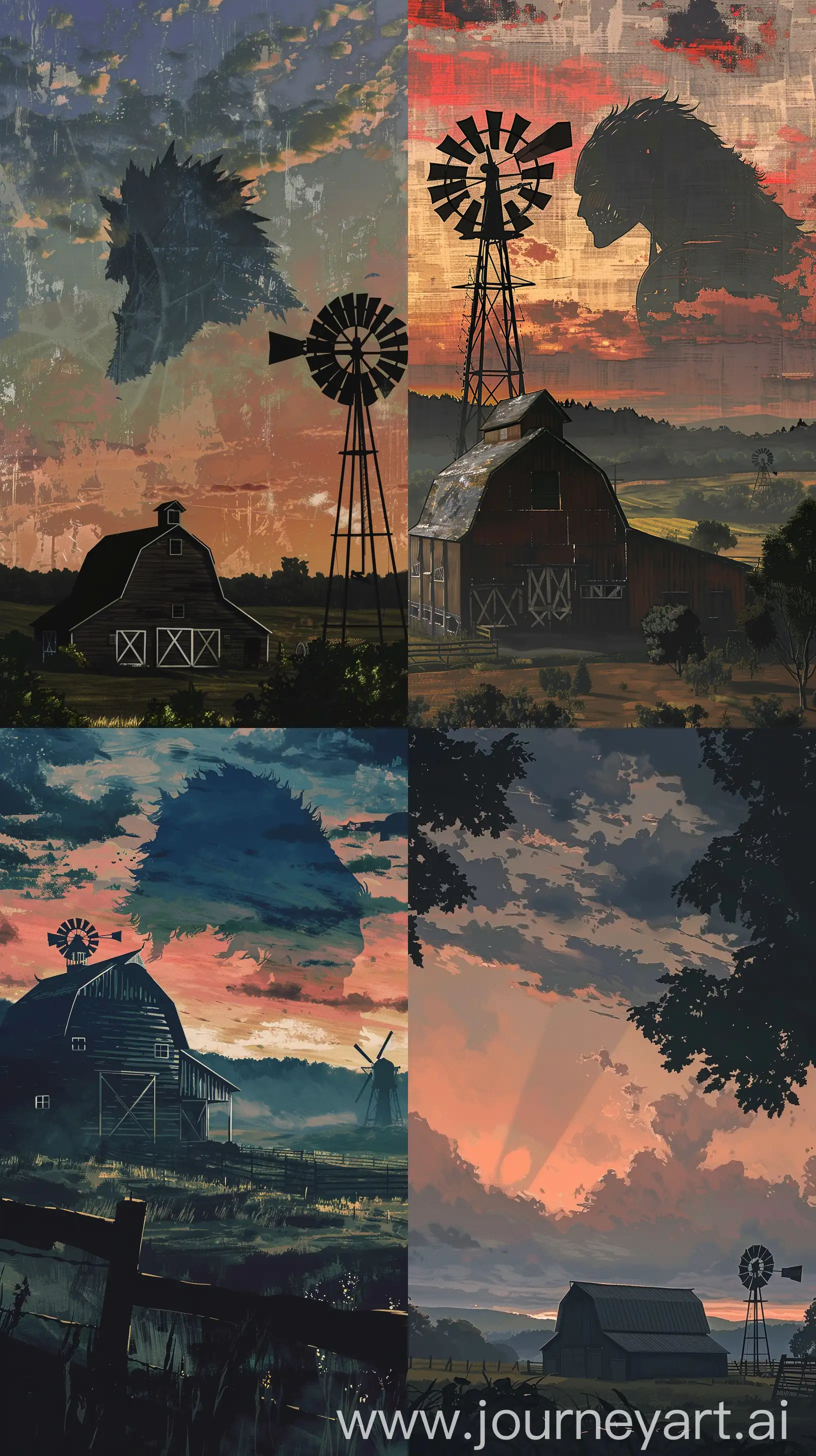 Envision a phone wallpaper that portrays the quiet beauty of a rural landscape in Winslow Homer's style, with a focus on the simplicity of farm life. A scene where a barn and windmill silhouette against a twilight sky, while the shadow of a Titan looms in the distance, subtly integrating "Attack on Titan" elements into Homer's idyllic American countryside setting.` --ar 9:16
