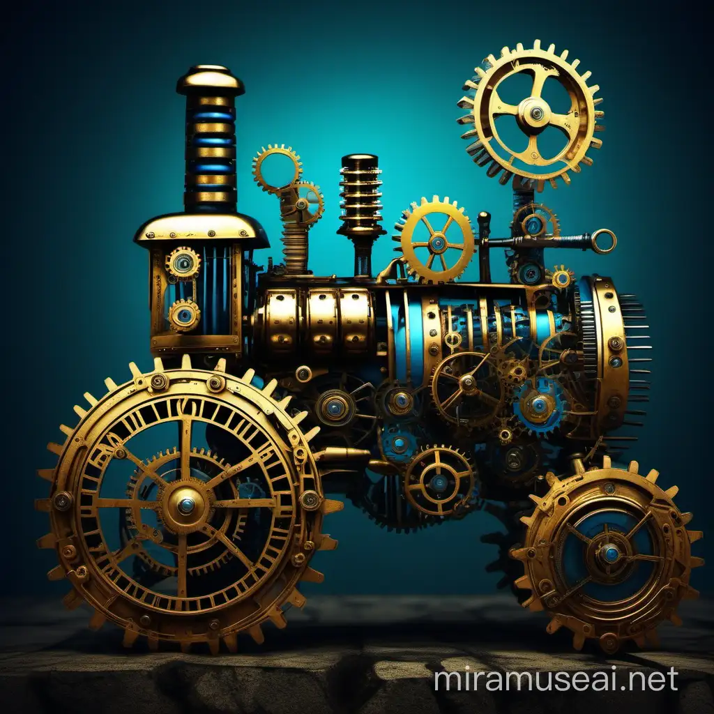 Clockwork-tractor(steampunk/noir)
appreance-gears/springs/neon gold/blue/full body/
background-neon/farm/robots/noir/silver/