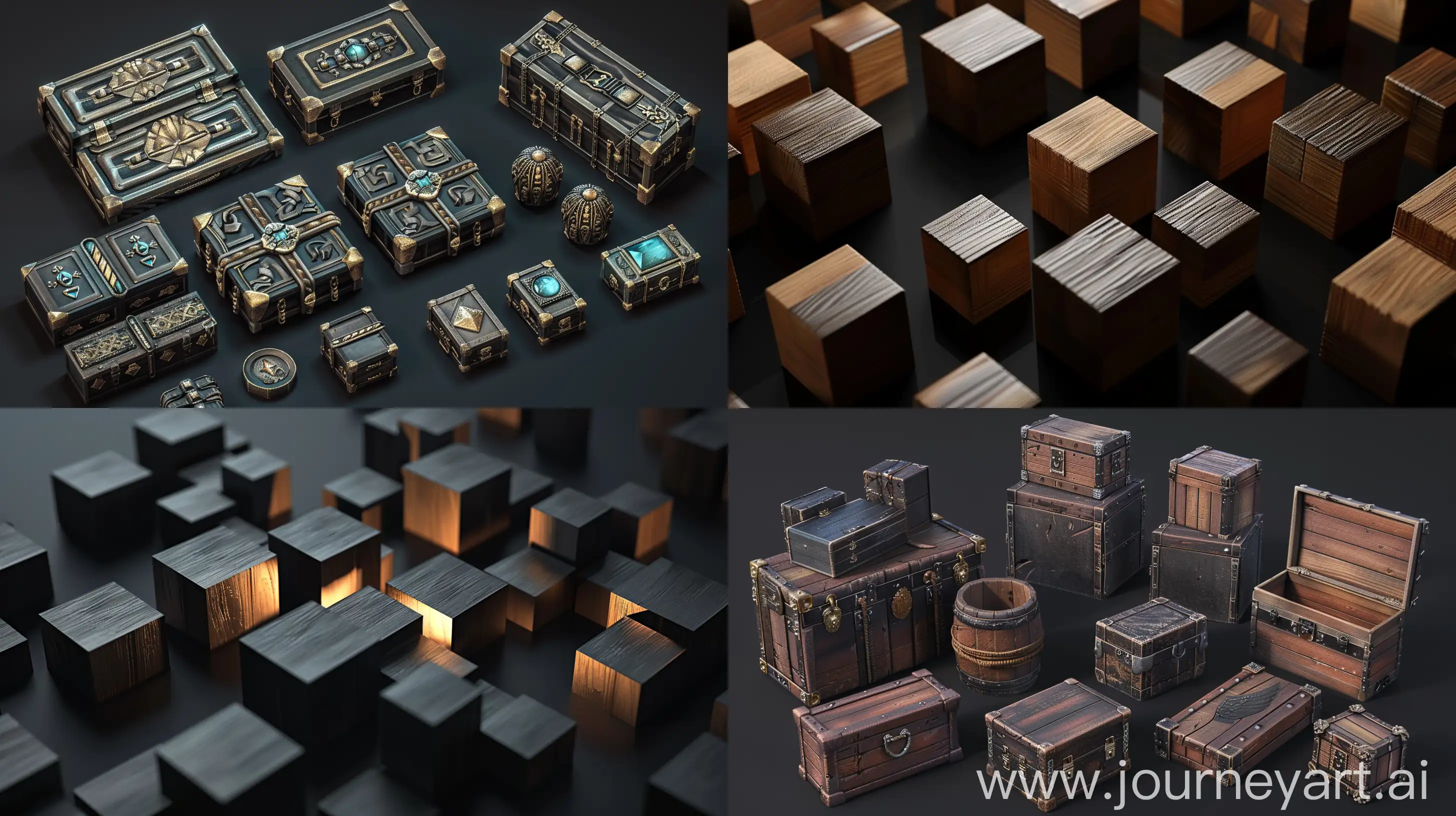 realistic photography of isometric set of  realistic simple jewelry wooden boxes tiles set in style of made in blender 3d game assets, isometric set :: black background --ar 16:9