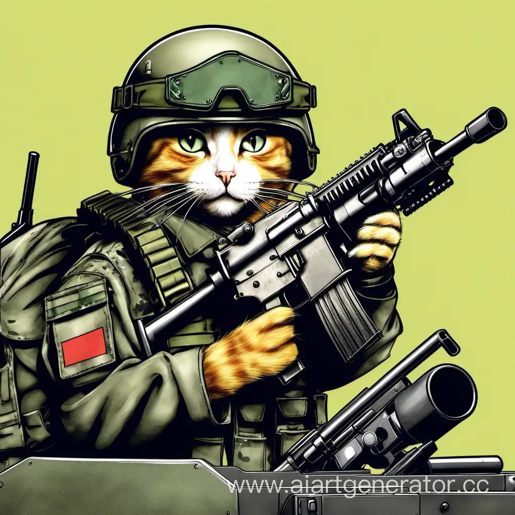 Cat with a military helmet sits behind a machine gun