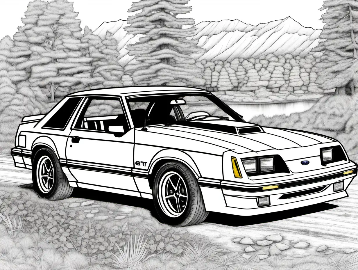 coloring page for adults, 1986 Ford Mustang GT, high detail, no shade