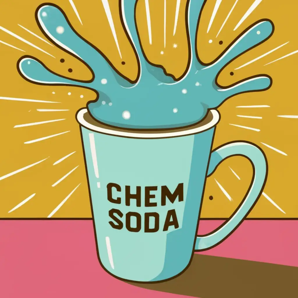 logo, Fizzing/overflowing cup of soda, with the text "ChemSoda", typography
