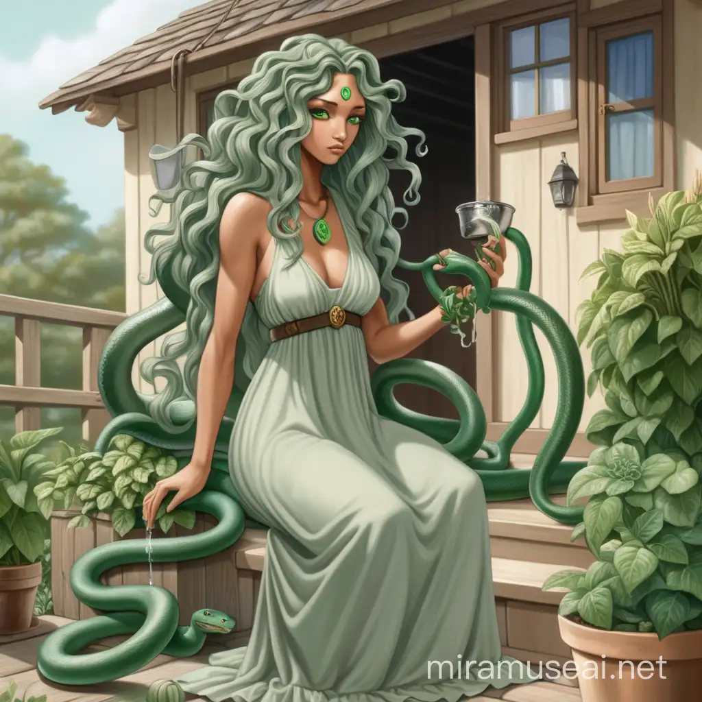 Beautiful medusa with long snakes instead of hair, tan skin, wearing a long and flowy sage green dress, and bright white eyes, watering plants in front of a cottage looking bored