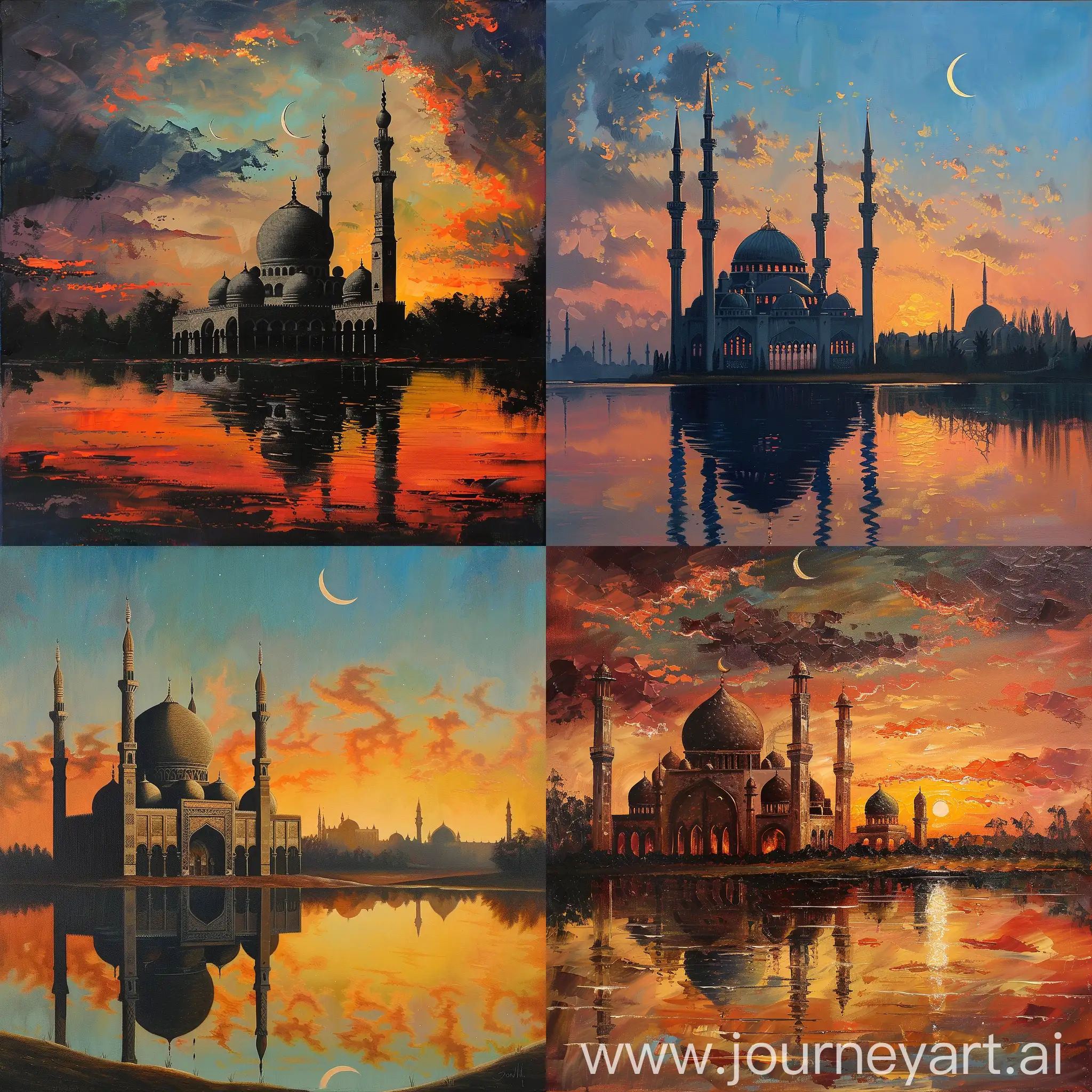 painting of mosque during sunset near a still water body with crescent moon