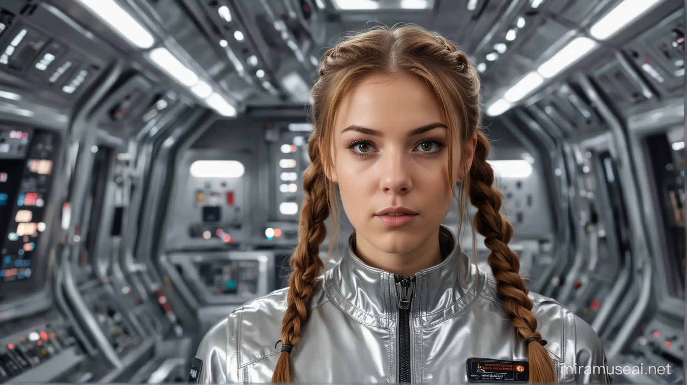 young woman, light-brown hair with pigtails, european perfect full face, glossy silver jacket, standing in a command room of sci-fi starship