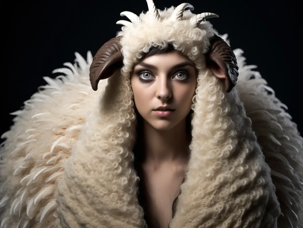 Realistic Futuristic Hybrid Woman with SheepLike Features on Black Background