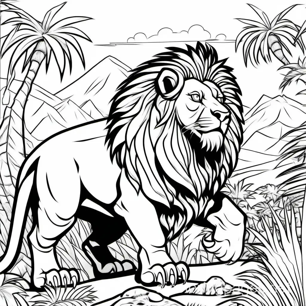 A lion preys on a dinosaur, Coloring Page, black and white, line art, white background, Simplicity, Ample White Space. The background of the coloring page is plain white to make it easy for young children to color within the lines. The outlines of all the subjects are easy to distinguish, making it simple for kids to color without too much difficulty