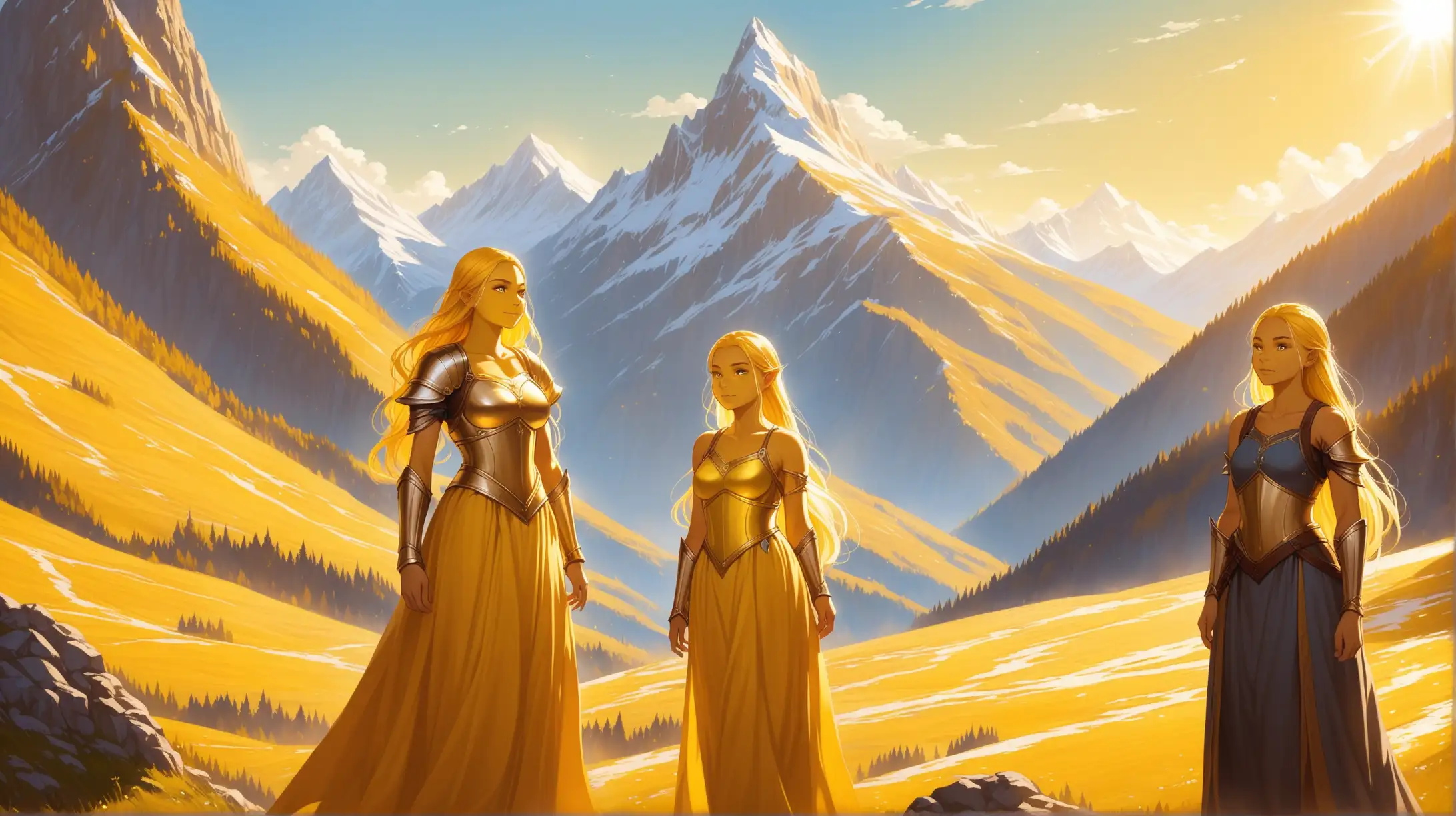 golden dwarf young women with yellow skin, clean shaved golden women with no beard and yellow skin, sunlit mountain, Medieval fantasy