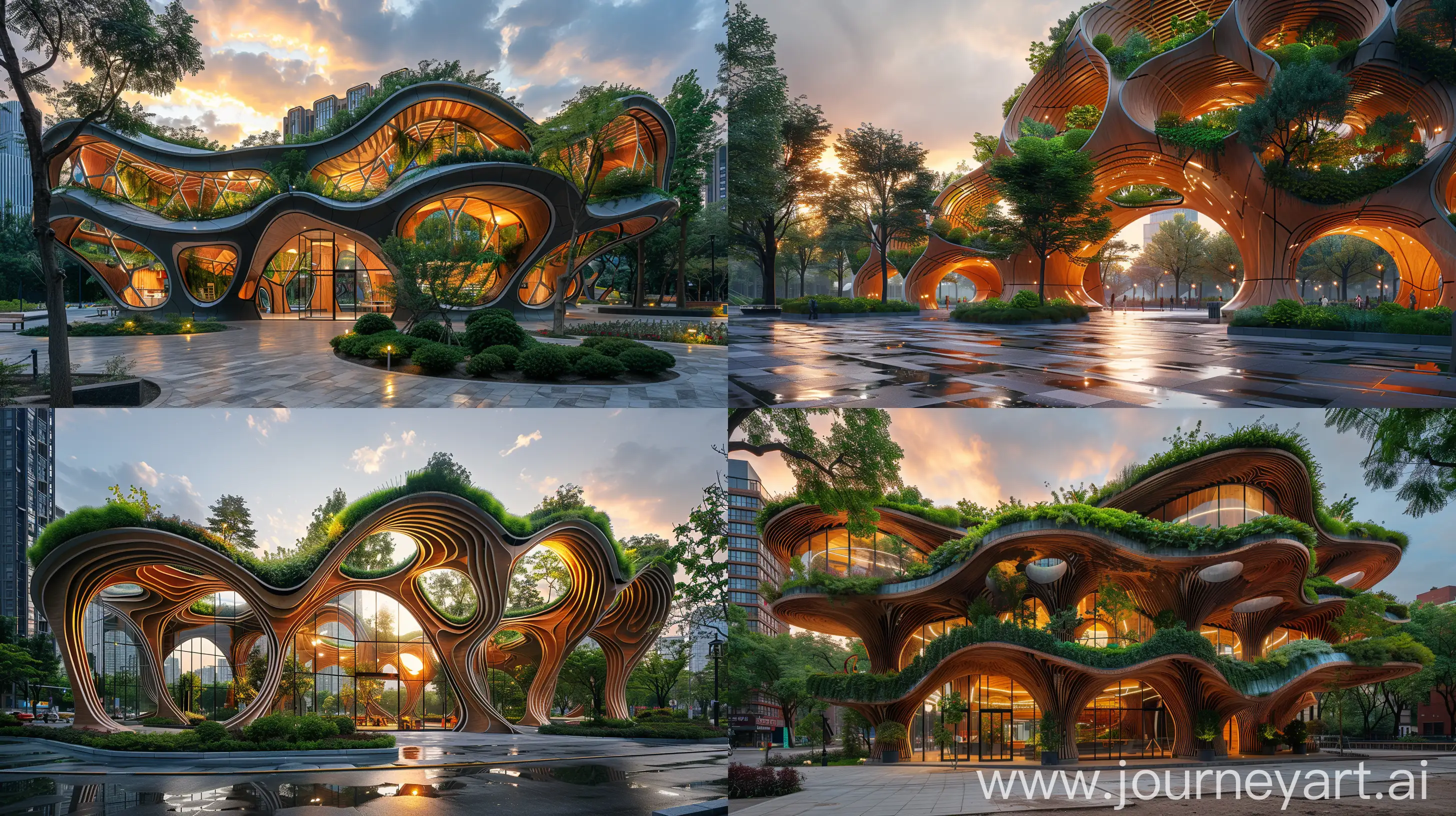 contemporary architecture, bioinspired student pavillon for coworking, hyperbolic structure with timber steel and lot of greenery, plaza in a urban landscape, ground-shot view at sunset --ar 16:9 --chaos 0 --stylize 500