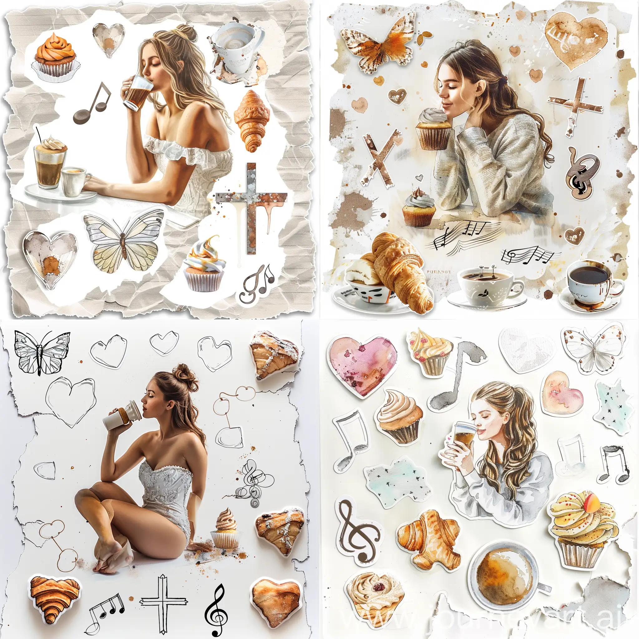 white background, all elements not touching and centered, drop shadow, sticker outline images, Bible journaling. hyper realistic beautiful woman sitting at a table drinking coffee. croissant and cupcake. simple sketch triple crosses. watercolor hearts. distress oxides butterflies. tea stained musical notes on torn paper.