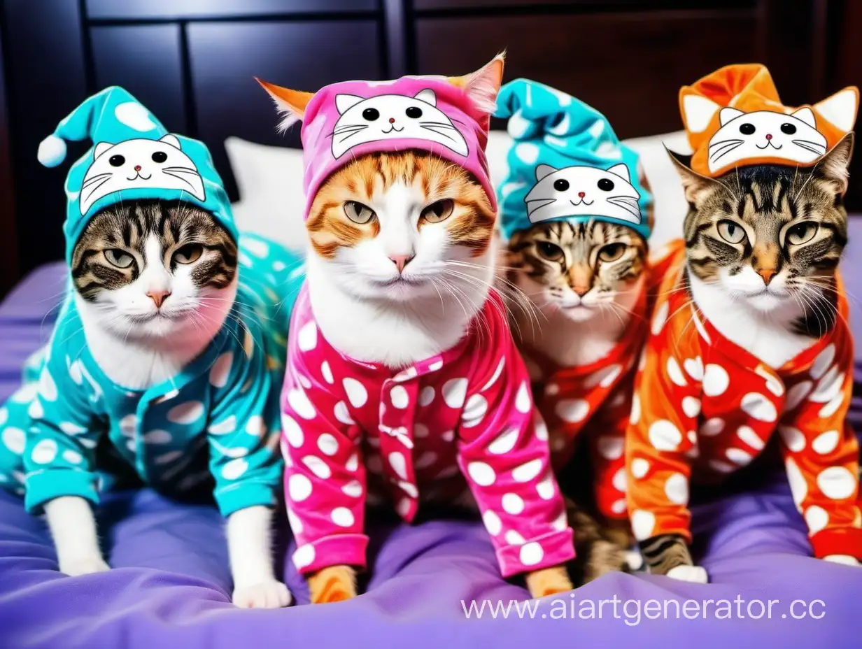 пижамная вечеринка у котов, все в ярких пижамках и спальных колпаках на голове, смотрят в камеру, позируют