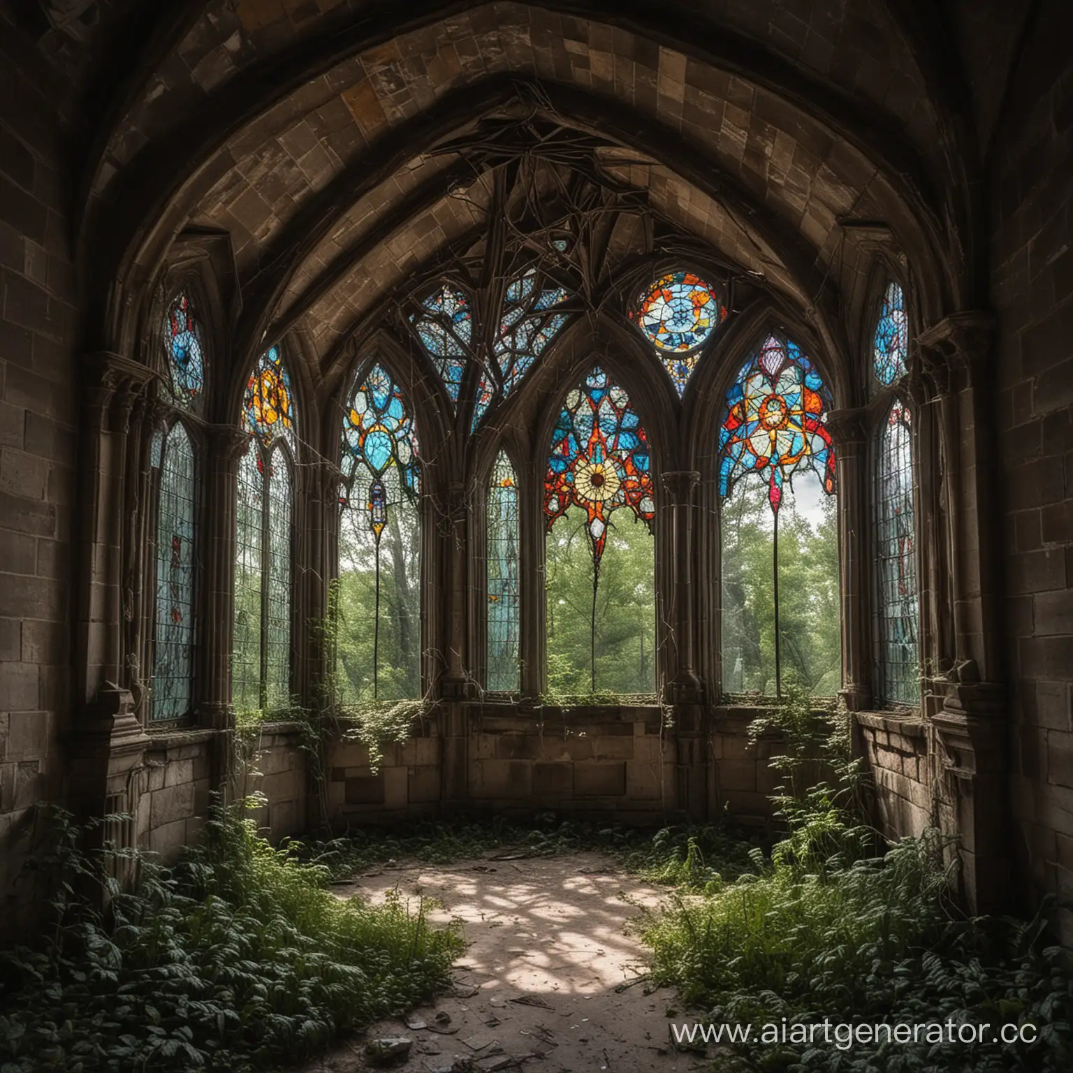 Eerie-Abandoned-Castle-Covered-in-Spiderwebs-and-Stained-Glass