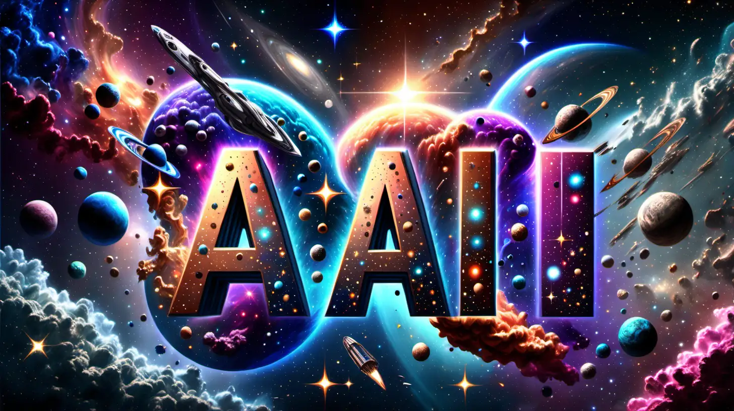 A cosmic-themed background with the letters "AI" in the center, surrounded by stars, galaxies, and futuristic elements.
