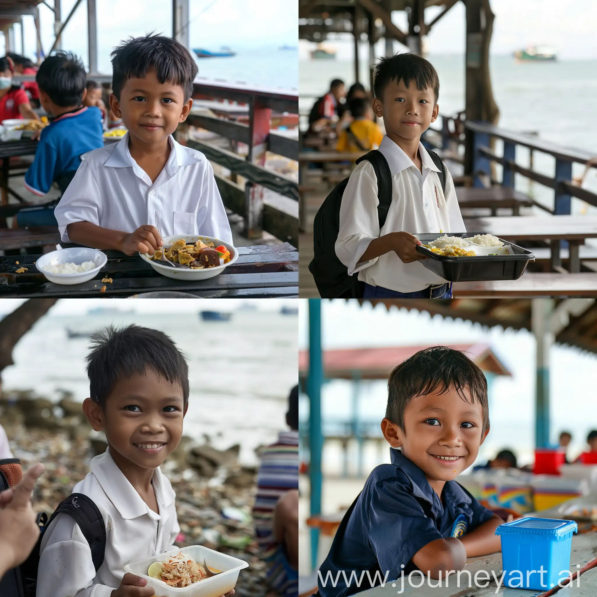 malaysian school boy having lunch at seaside