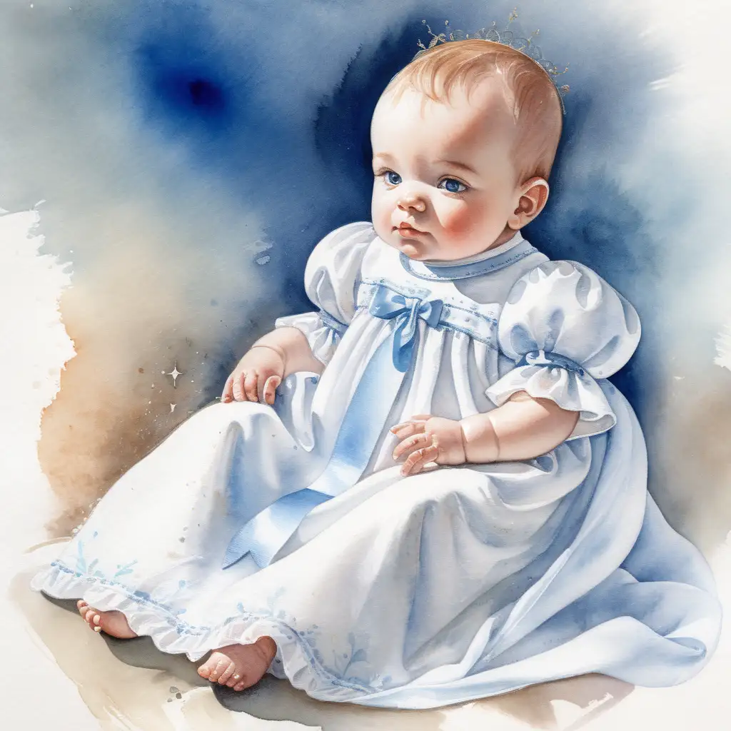 En bebis I vit lång dopklänning, blå nyanser, gjortmed vattenfärg 