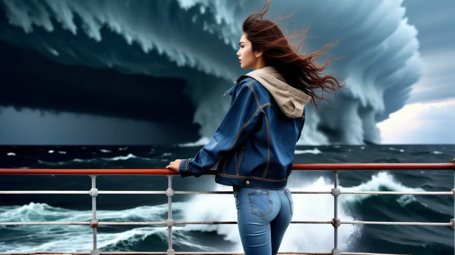 real_photo_beauty_girl jacket jeans pants alone watching from ship  side sea in storm horizon ship near rain wind big waves
