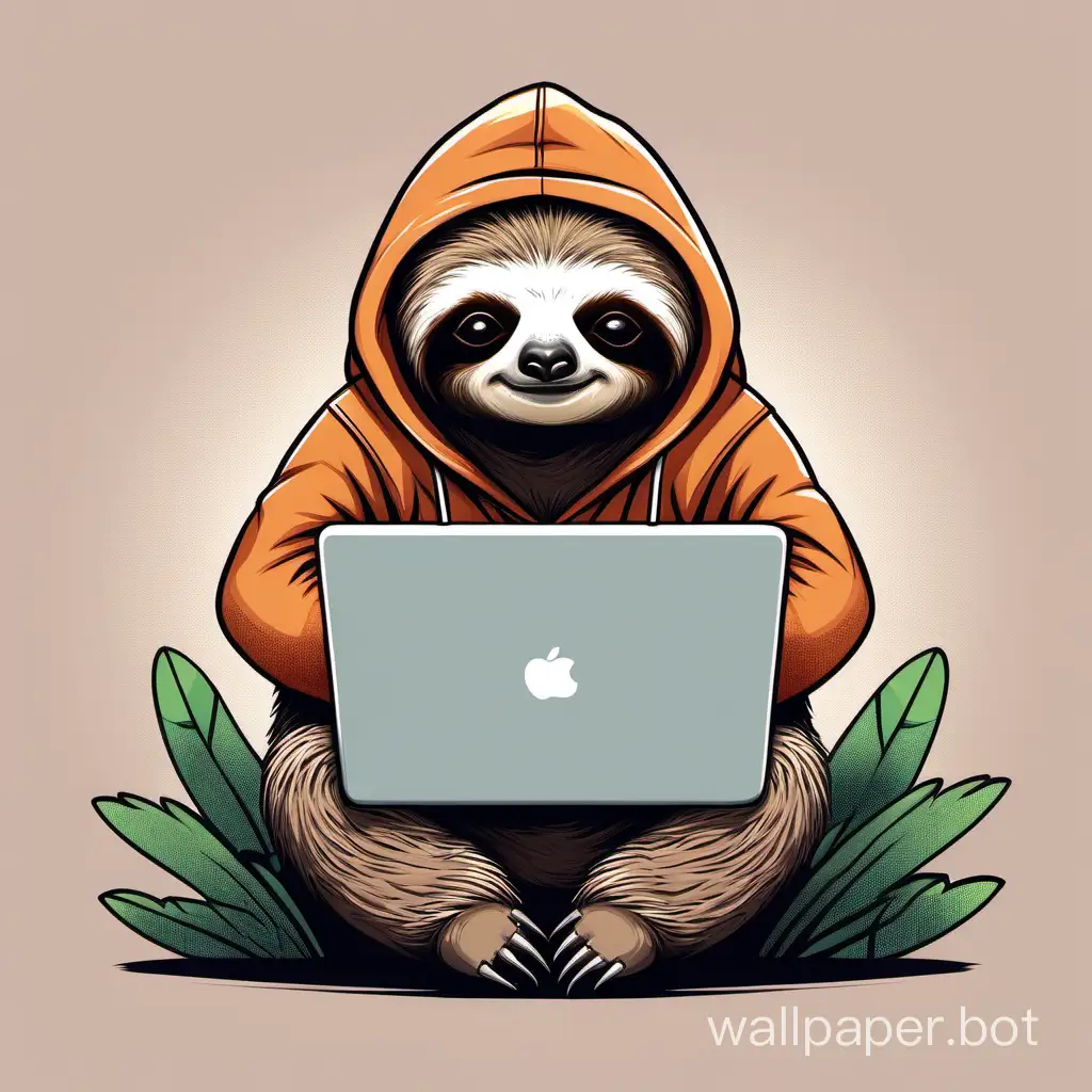 Small sloth wearing hoodie working on a laptop and feeling lazy