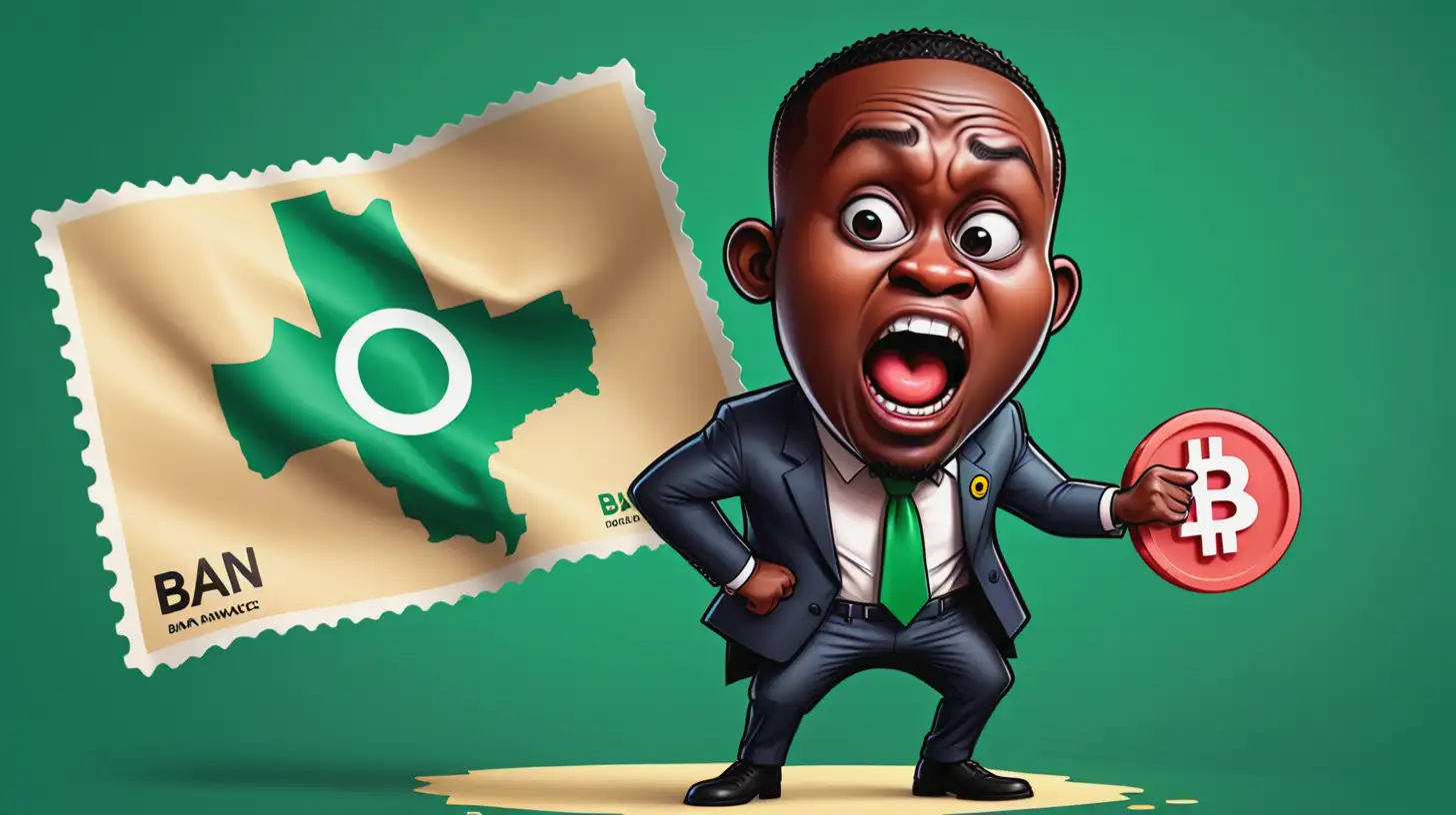 Picture a cartoon where the Nigerian map is personified as a character holding a giant "Ban" stamp. Binance, represented by a cryptocurrency symbol, is standing with a surprised expression. The scene aims to humorously depict the regulatory action of Nigeria banning Binance in a lighthearted