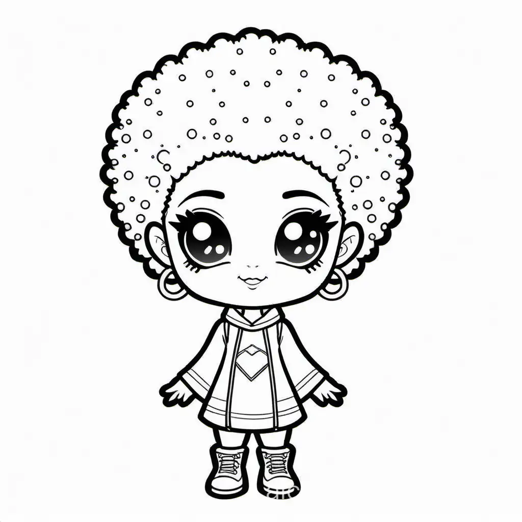cute chibi alien with afro puffs, Coloring Page, black and white, line art, white background, Simplicity, Ample White Space. The background of the coloring page is plain white to make it easy for young children to color within the lines. The outlines of all the subjects are easy to distinguish, making it simple for kids to color without too much difficulty