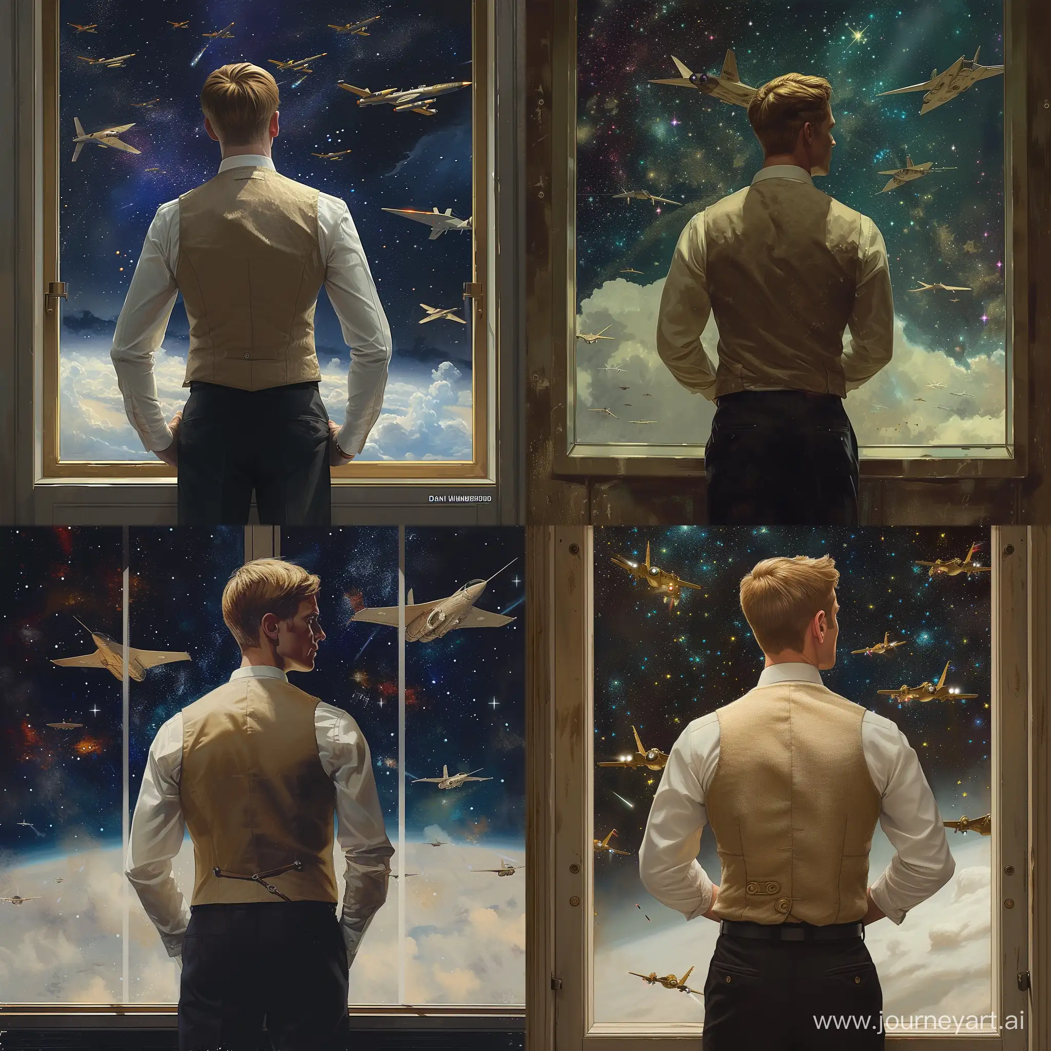 A brutal man with straight short blond hair, dressed in a beige vest, white shirt and black trousers!!!!!! Looking out the window !!!!!!the window offers a view of the starry sky!!!!!!!! Unusual fighters are flying through the sky!!!!!!!!!Dan Mumford painting, science fiction art, science fiction painting, scifi art, science fiction art, ((masterpiece)), ((best quality)) , high detail,, highest detail, ah, high detail, color, beautiful, HDR, photorealistic, inspired by Daniel Conway, Franz Steiner, By Matt Allsopp, Matt Allsopp