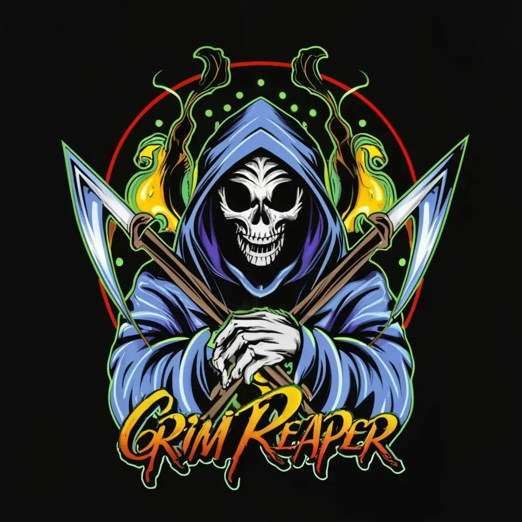 logo, t-shirt vector grim reaper marvel style theme ,Contour, Vector, white background, no words, ultra  Detailed, ultra sharp narrow outlined image, no jagged edges,  vibrant neon  colors,  typography, with the text ".", typography