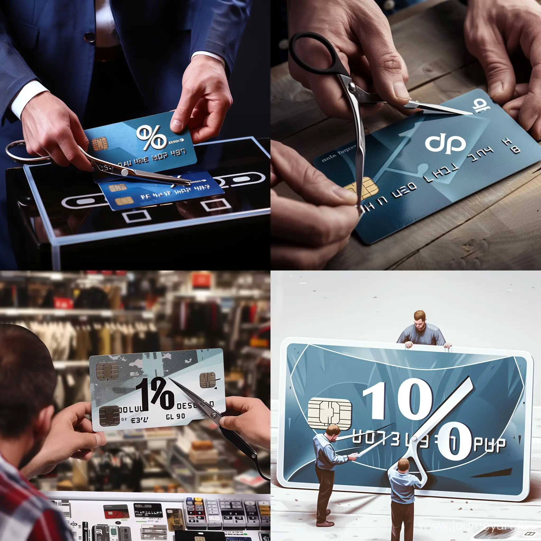 A man cuts a credit card with scissors, which is shown to us very large, it says "0%" on it. The quality is as clear as possible