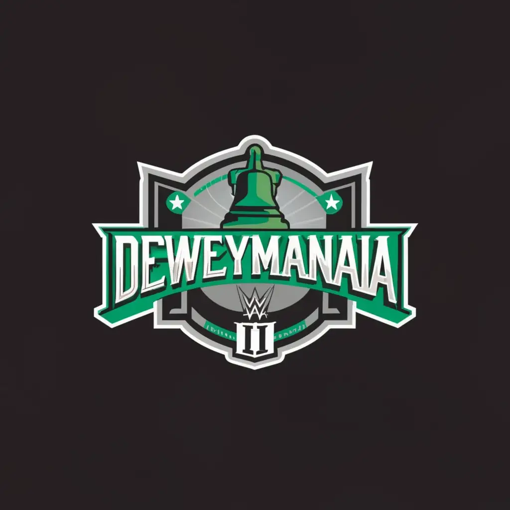 a logo design,with the text "Deweymania II", main symbol:font = WRESTLEMANIA.ttf make the D and last A the same larger size

colors: green, grey, white

include the liberty bell,Minimalistic,be used in Entertainment industry,clear background