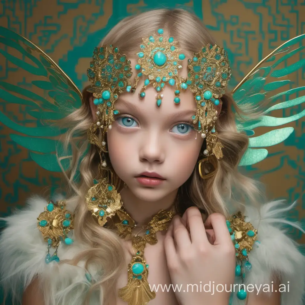 Enchanting Girl with Turquoise Fairy Wings Against Chinese Wallpaper