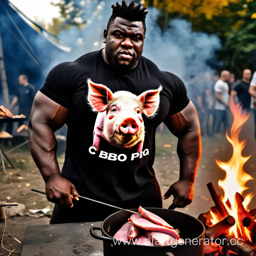 Big muscular nigga with big round hair  wearing a CBO T-shirt roasts a live pig on a campfir in kiev
